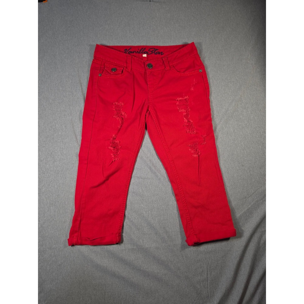 Vanilla Star Red Distressed Cropped Jeans Womens Size 5 Slim Fit Stretch Denim